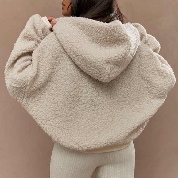 Sherpa teddy fuzzy hoodie sweatshirt sweater cream beige green - Picture 4 of 4